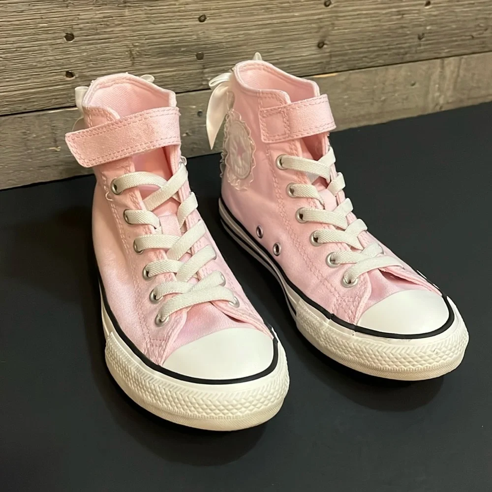 Converse pink girly shoes frilly coquette lace pretty bows back to school cool